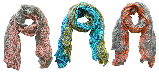Wholesale Bulk Lot: 3 Pack Retro Zebra Leopard Animal Print Crinkle Scarf Salmon Pink Teal Reseller