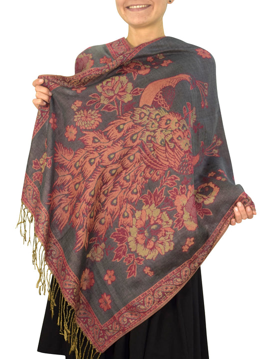 Wholesale Bulk Lot Floral Bird Print Reversible Pashmina Wrap Shawl Scarf Grey for Resellers