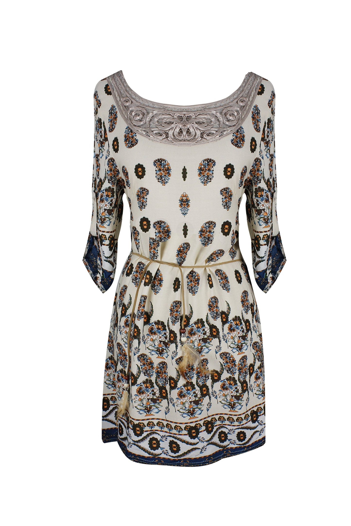 Wholesale Bulk Lot: Bohemian Paisley Waist Tie Caftan Mini Dress Teal Large