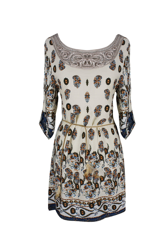 Wholesale Bulk Lot: Bohemian Paisley Waist Tie Caftan Mini Dress Teal Large
