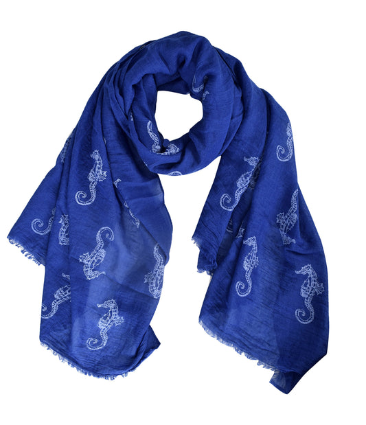 Wholesale Bulk Lot: Nautical Seahorse Shell Print Navy Light Fringe Scarf Reseller Pack