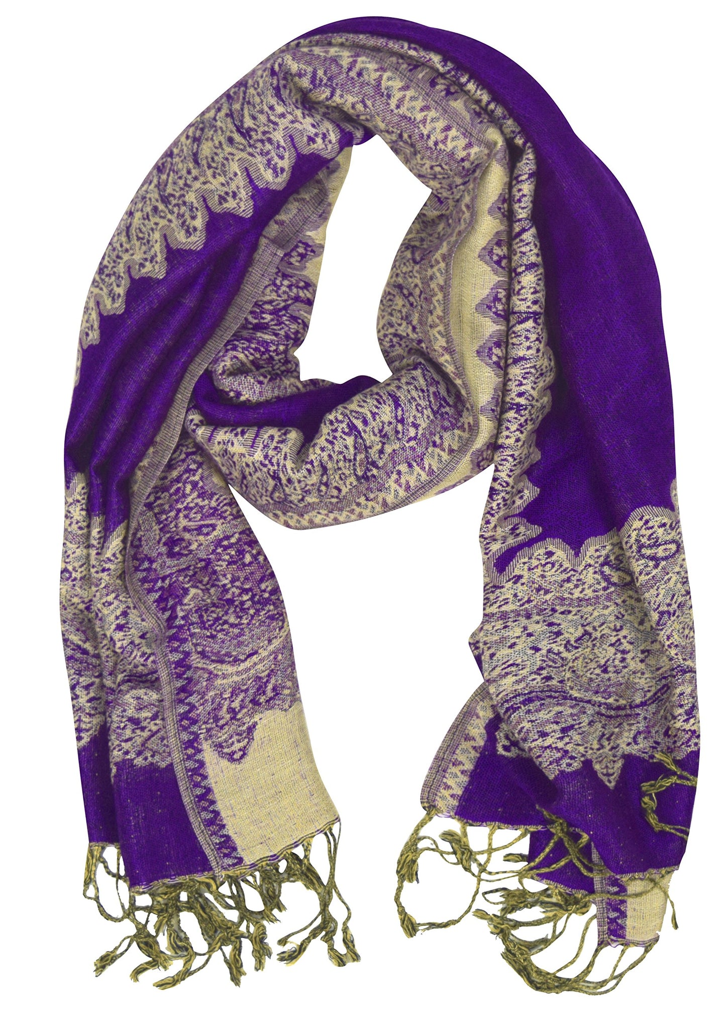 Wholesale Bulk Lot Reversible Pashmina Scarf Braided Fringe Purple Gold Reseller Pack