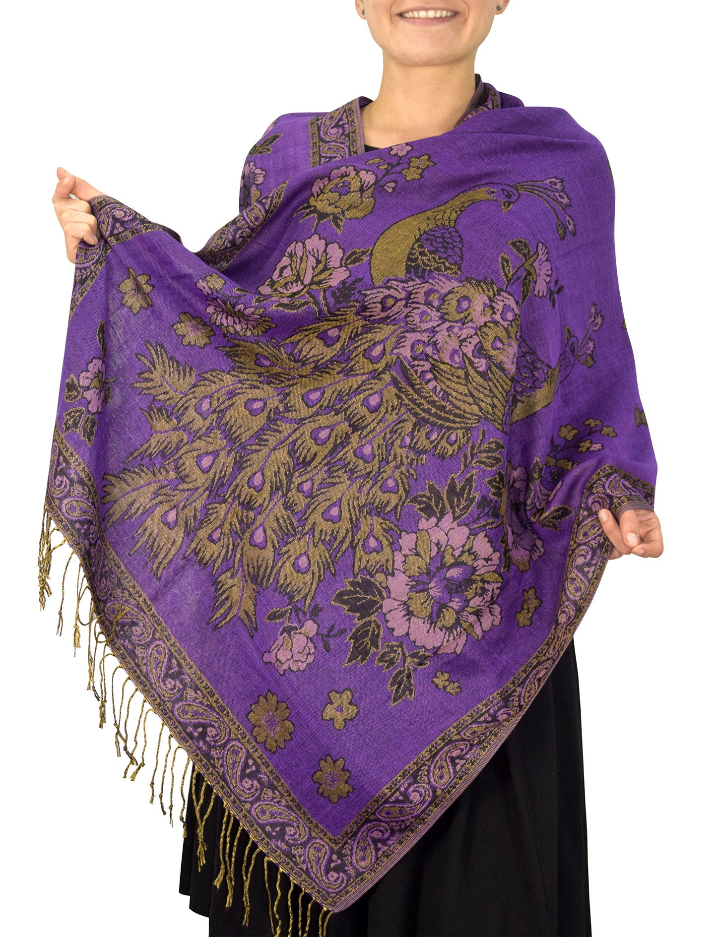 Wholesale Bulk Lot Floral Peacock Reversible Shimmer Pashmina Shawl Scarf Purple for Resellers
