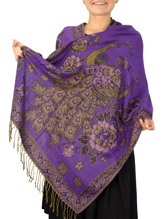 Wholesale Bulk Lot Floral Peacock Reversible Shimmer Pashmina Shawl Scarf Purple for Resellers