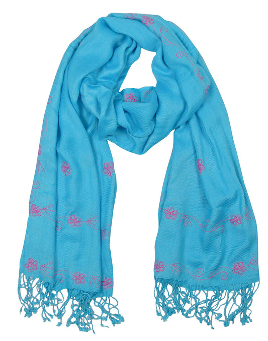 Wholesale Bulk Lot Hand Embroidered Turquoise Pashmina Floral Scarf for Resellers