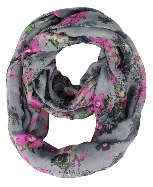 Wholesale Bulk Lot: Floral Cherry Blossom Infinity Circle Scarf in Lavender and Grey for Resellers