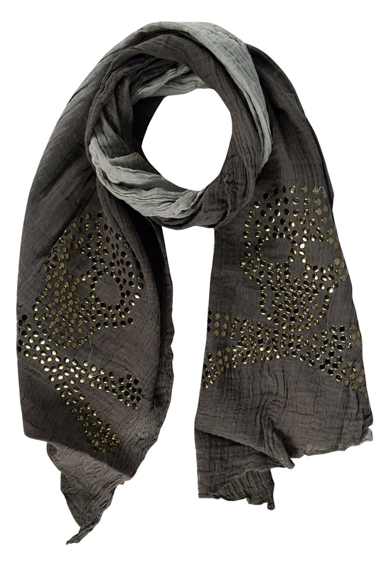 Wholesale Bulk Lot: Vintage Cotton Crinkled Grey Ombrè Skull Studded Scarf Shawl Reseller Pack