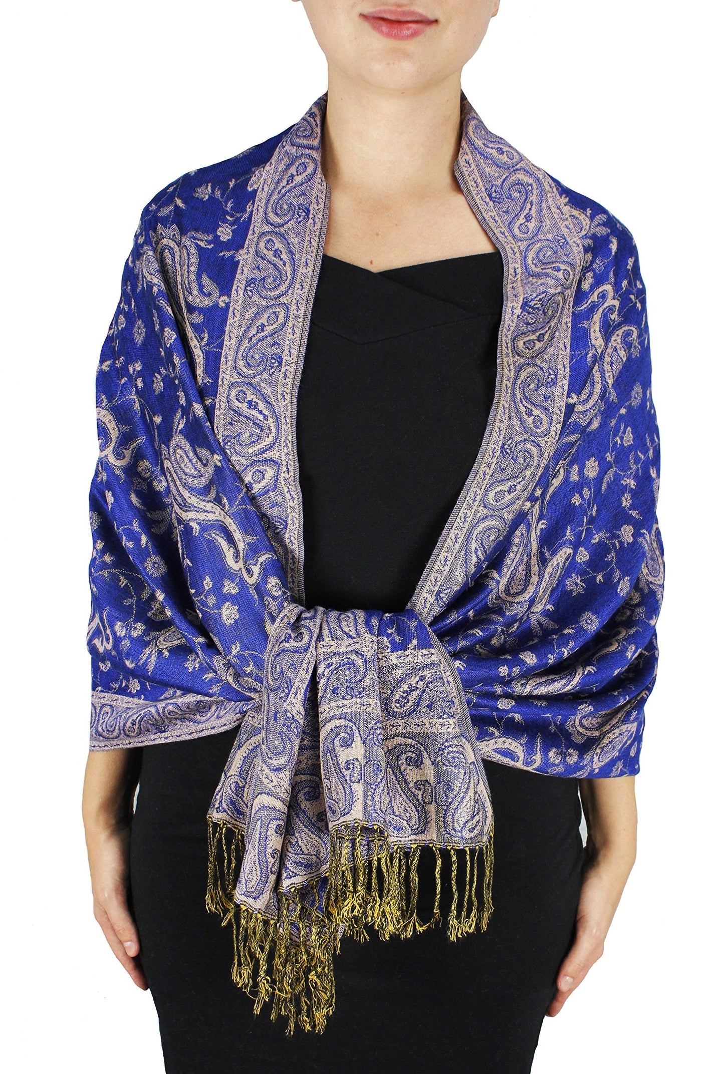 Wholesale Bulk Lot Reversible Paisley Pashmina Shawl Double Layer Royal Blue Scarf for Resellers