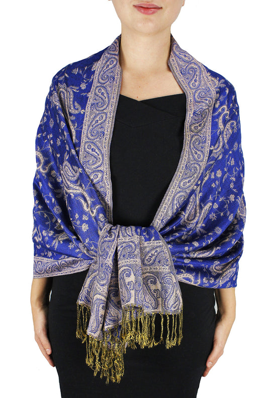 Wholesale Bulk Lot Reversible Paisley Pashmina Shawl Double Layer Royal Blue Scarf for Resellers