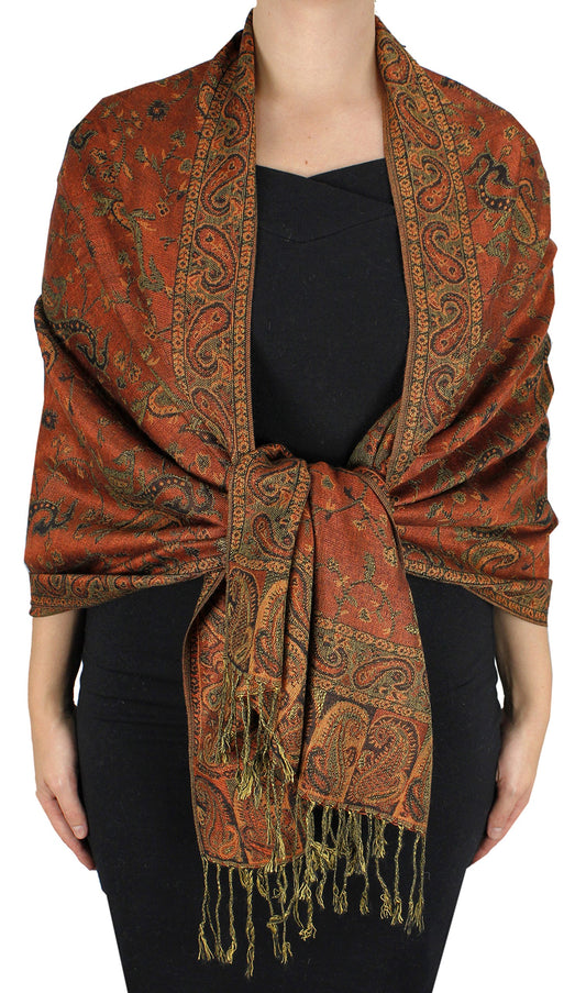 Wholesale Bulk Lot Reversible Paisley Pashmina Shawl Double Layer Rust Scarf for Resellers