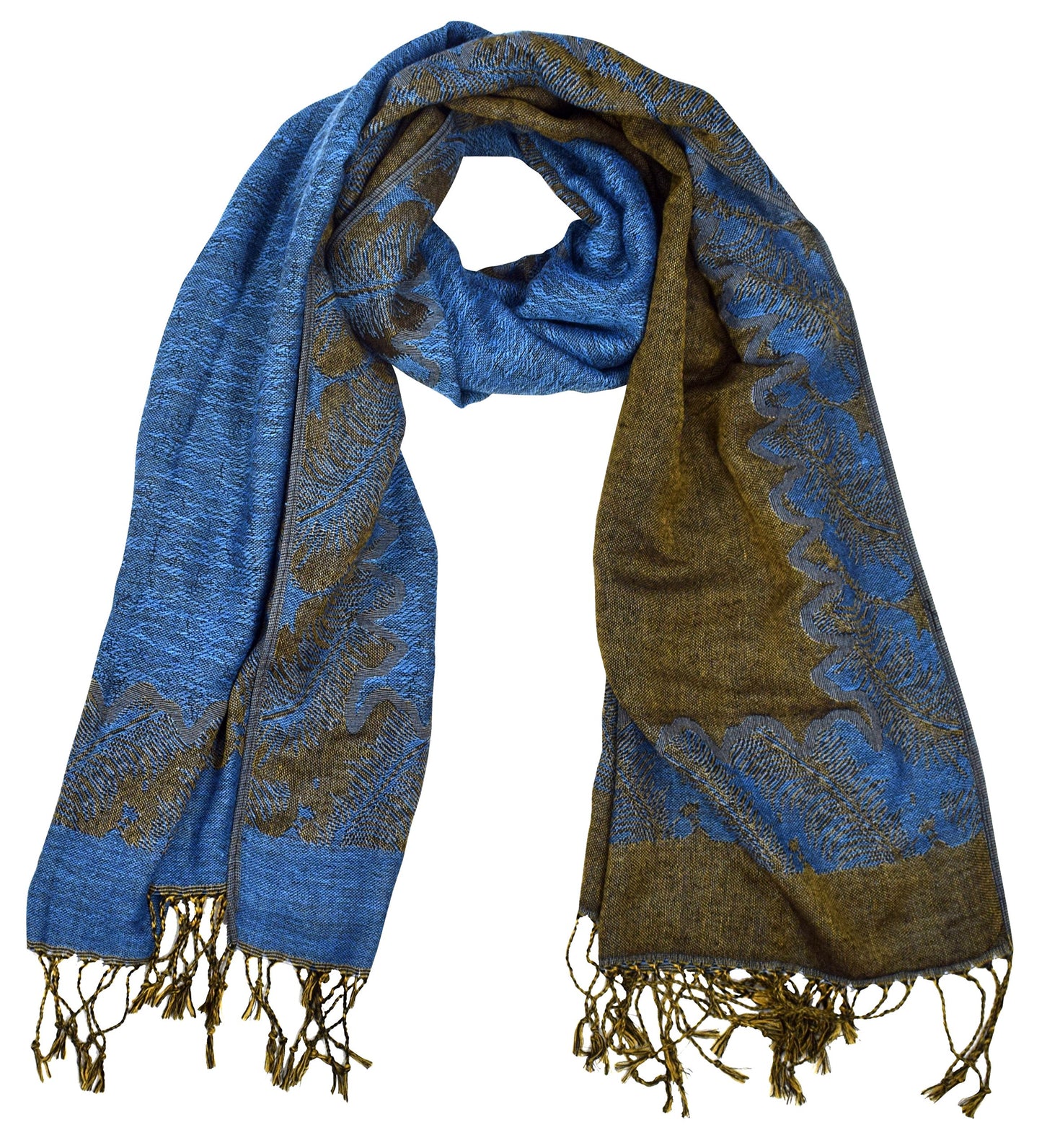 Wholesale Bulk Lot Reversible Jacquard Paisley Pashmina Shawl Blue Olive Scarf for Resellers