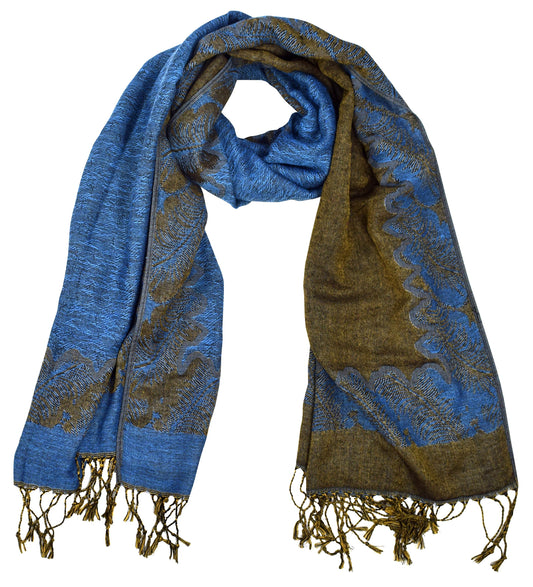 Wholesale Bulk Lot Reversible Jacquard Paisley Pashmina Shawl Blue Olive Scarf for Resellers