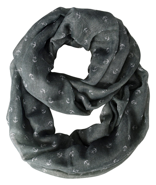 Wholesale Bulk Lot: Gray Nautical Anchor Print Marine Lightweight Infinity Loop Scarf Reseller Pack