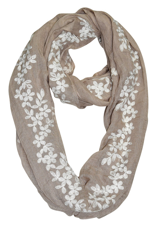 Wholesale Bulk Lot: Sheer Floral Embroidered Daisy Infinity Loop Scarf Taupe for Resellers