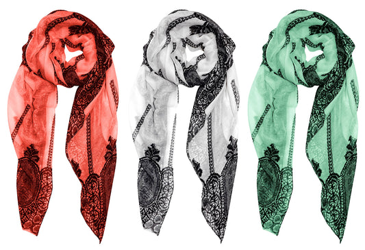 Wholesale Lot 3 Pack Damask Paisley Floral Pashmina Scarf Bulk Reseller Bundle Coral White Teal