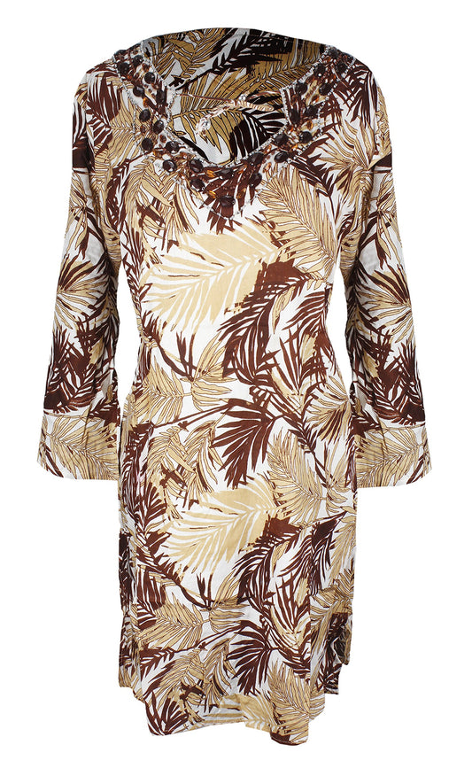 Wholesale Lot: Women's 3/4 Sleeve Jeweled Tie Neck Summer Tunic Dress Brown XL
