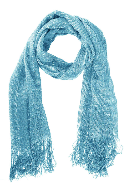 Wholesale Bulk Lot: Sky Blue Metallic Shimmer Sheer Mesh Glitter Fringe Scarf for Resellers