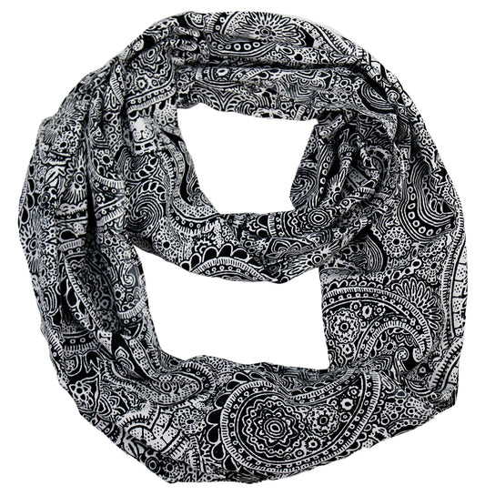 Wholesale Bulk Lot: Victorian Damask Black White Lightweight Infinity Loop Scarf Reseller Pack