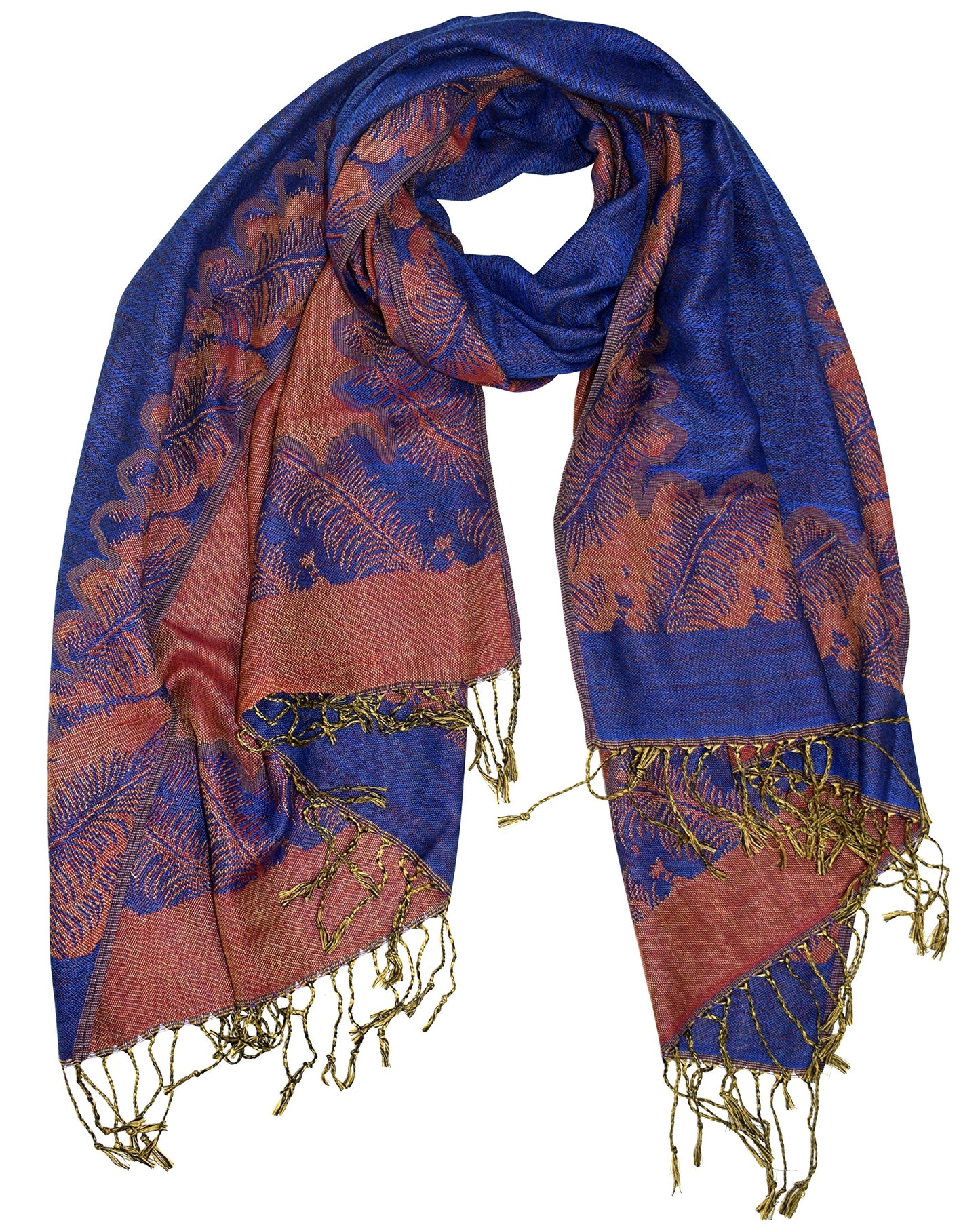 Wholesale Bulk Lot Reversible Jacquard Paisley Pashmina Shawl Wrap Royal Blue Rust for Resellers