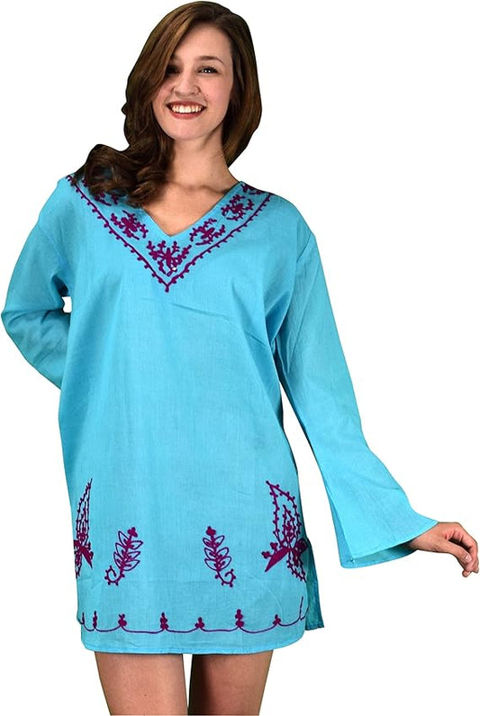 Wholesale Bulk Lot: 100% Cotton Embroidered Summer Tunics Beach Cover Ups Blue