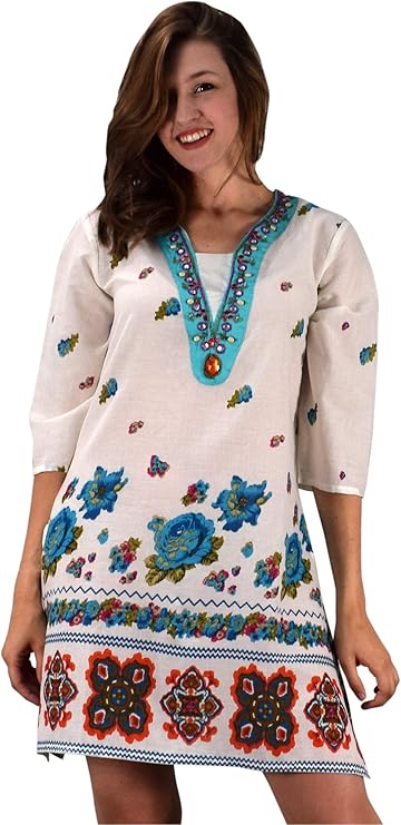 Wholesale Bulk Lot: Cotton Floral Embroidered Vintage Tunic Coverup Turquoise XS