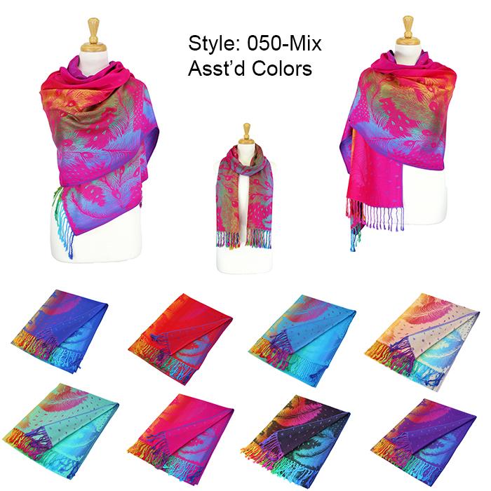 12-Pack Pashmina Peacock Colorful Shawls Assorted Colors -050-