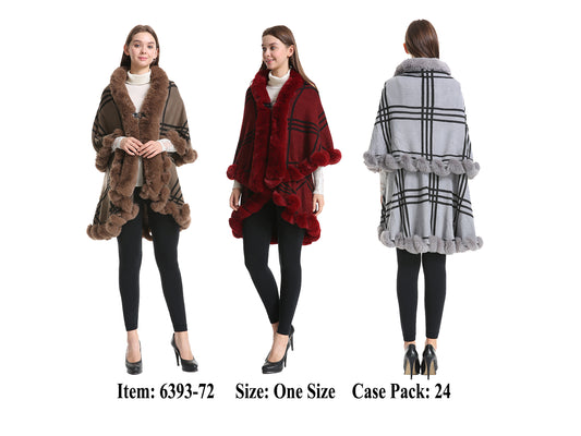 Plaid Poncho /Cape Double Layer With Fur Trim GDP6393-72-AT