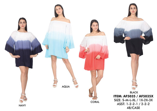 Rayon Dip Dye Off Shoulder Bubble Sleeves Short Dress GDPAF5035-AT