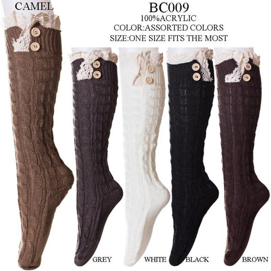 Solid Color Knee-High Stockings W/ Buttons & Lace Trim - 12Pc Set