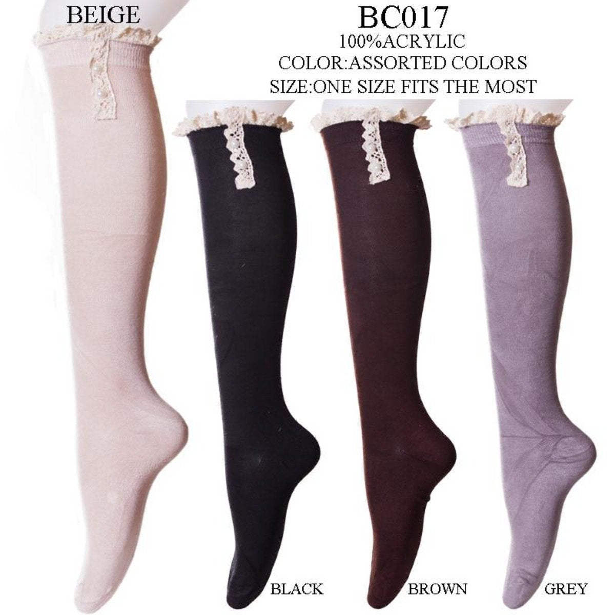Solid Color Knee-High Stockings W/ Faux Pearls & Lace Trim - 12Pc Set