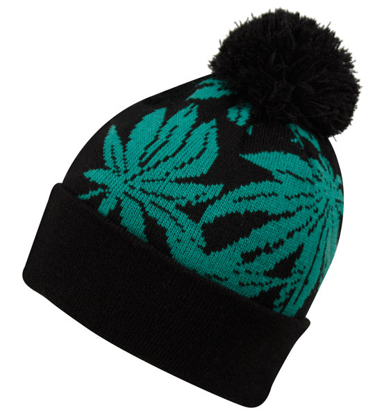 Leaf Knit Beanie Hats With Pom