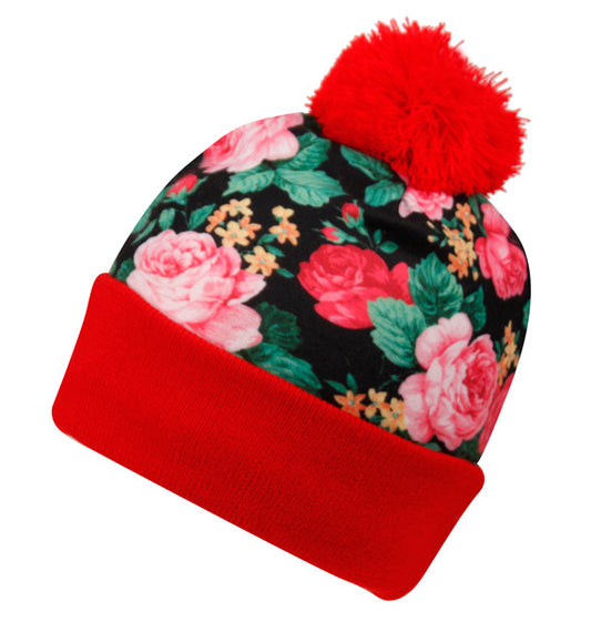 Floral Beanie Hats With Pom Pom