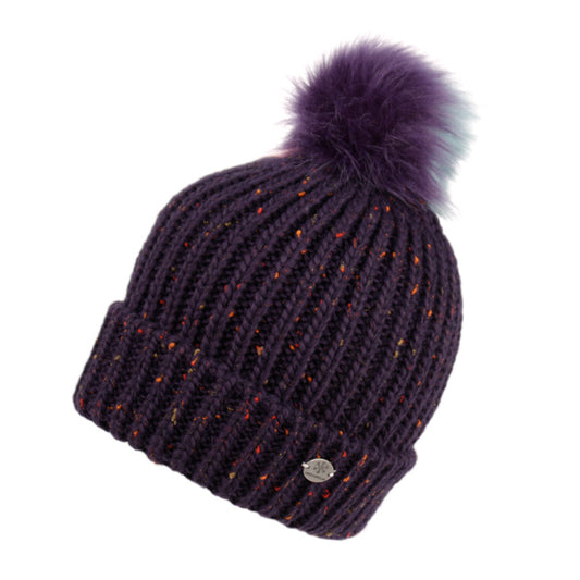 Cable Knit Beanie With Multi Color Pom Pom & Sherpa Lining