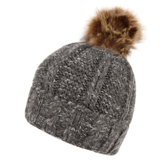 Two Tone Cable Knit Beanie With Pom Pom & Sherpa Lining