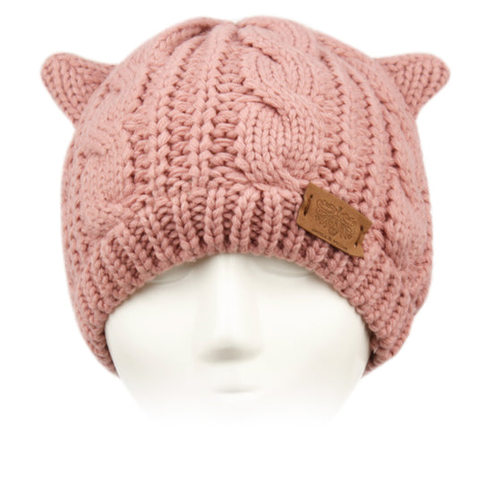 Cat Ear Cable Knit Beanie W/Sherpa Lining