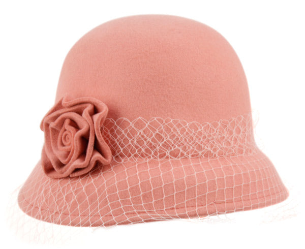 Ladies Wool Felt Bucket Hats With Flower & Lace Trim