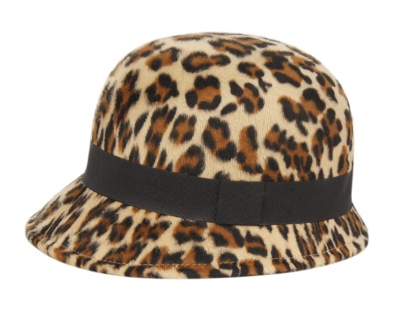 Ladies Leopard Poly Felt Cloche Hats W/Grosgrain Band