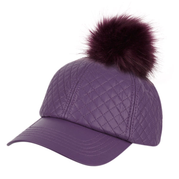 Faux Leather Six Panel Quilted Cap With Pom Pom