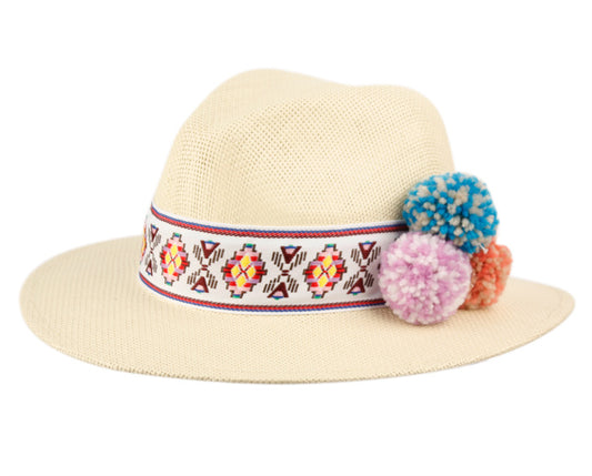 Ladies Panama Hat With Band & Flower Trim