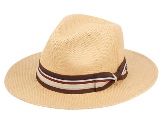 Woven Paper Straw Panama Hats With Stripe Band
