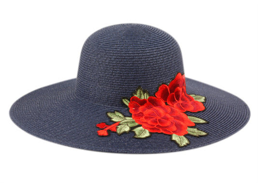 Braid Straw Floppy Hats With Floral Embroidery