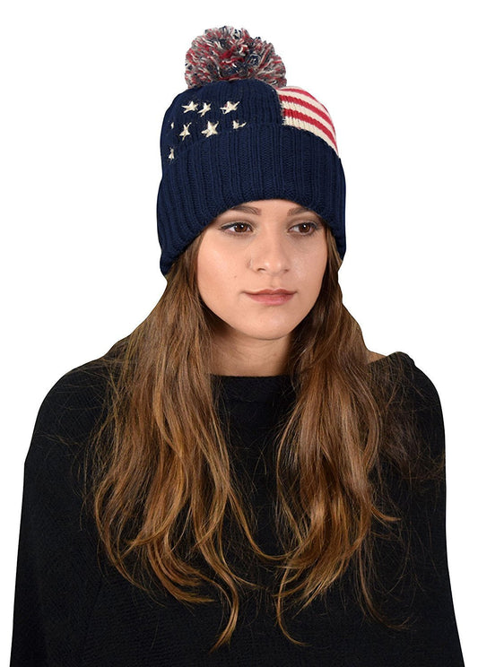 American Flag Knitted Beanie W/ Pom-Pom - 12Pc Set