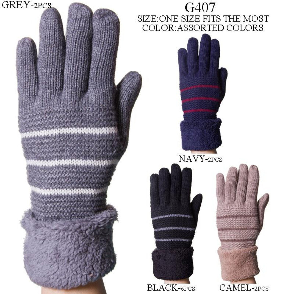 Stripe Pattern Knitted Gloves W/ Cuffs & Fleece Lining - 12Pc Set