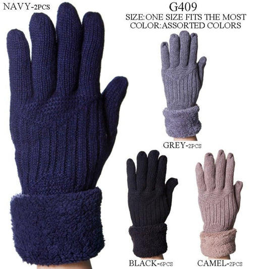 Solid Color Knitted Gloves W/ Cuffs & Fleece Lining - 12Pc Set