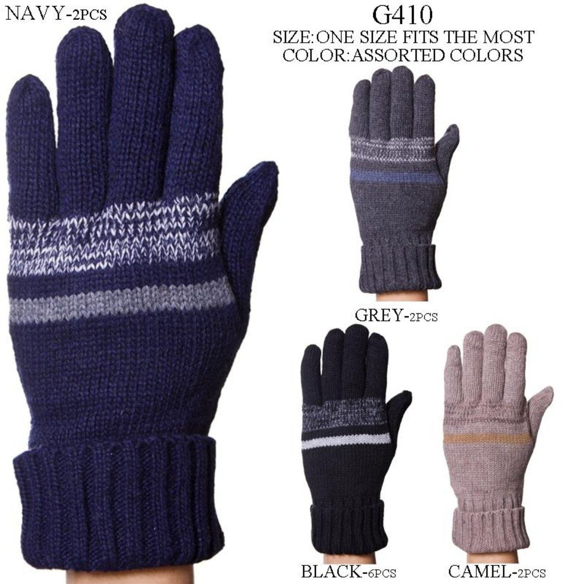 Stripe Pattern Knitted Gloves W/ Cuffs & Double Lining - 12Pc Set