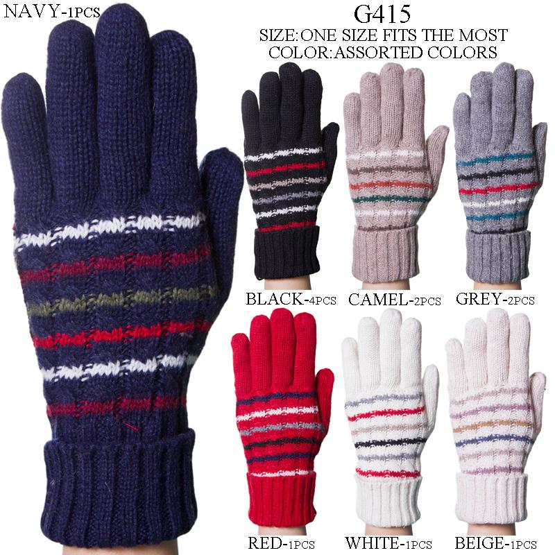 Stripe Pattern Knitted Gloves W/ Cuffs 