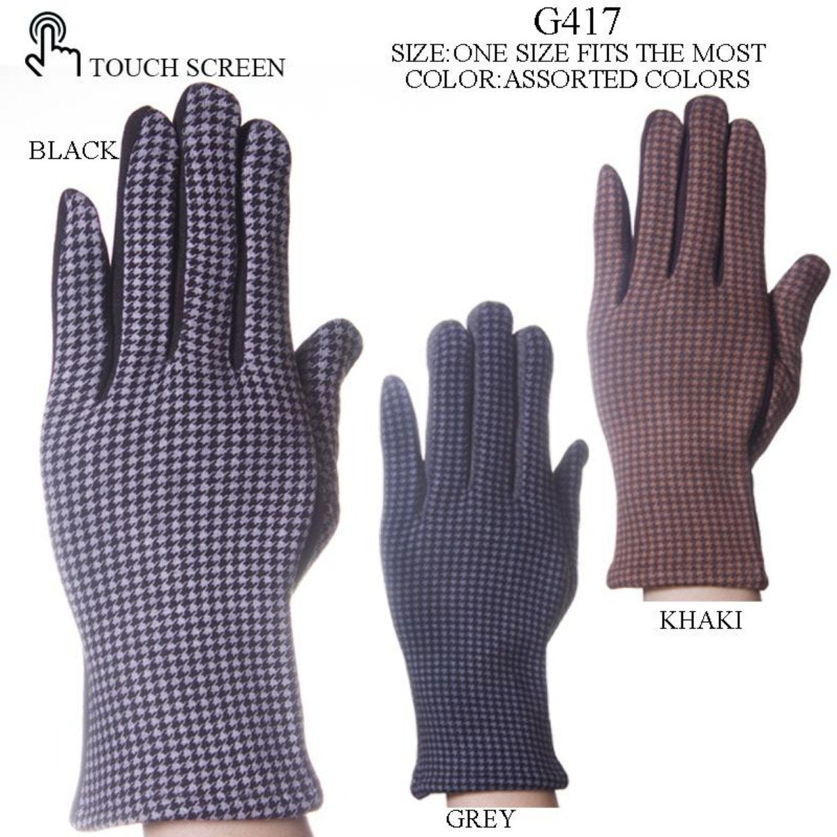 Houndstooth Pattern Screen-Touch Gloves - 12Pc Set