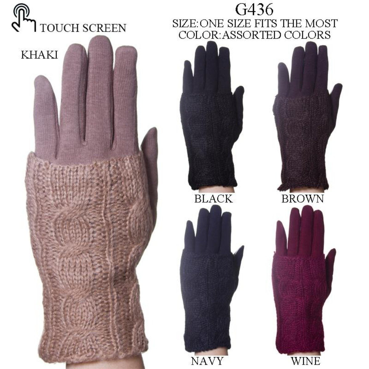 Solid Color Screen-Touch Gloves W/ Detachable Knitted Palm-Cover - 12Pc Set