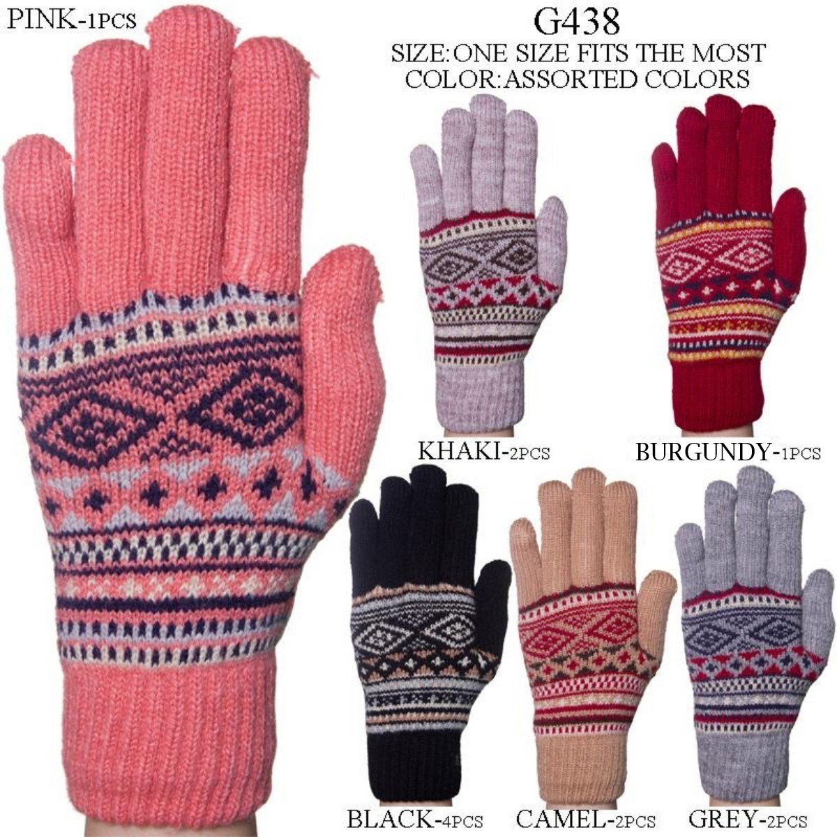 Mixed Print Knitted Gloves W/ Sherpa Lining - 12Pc Set