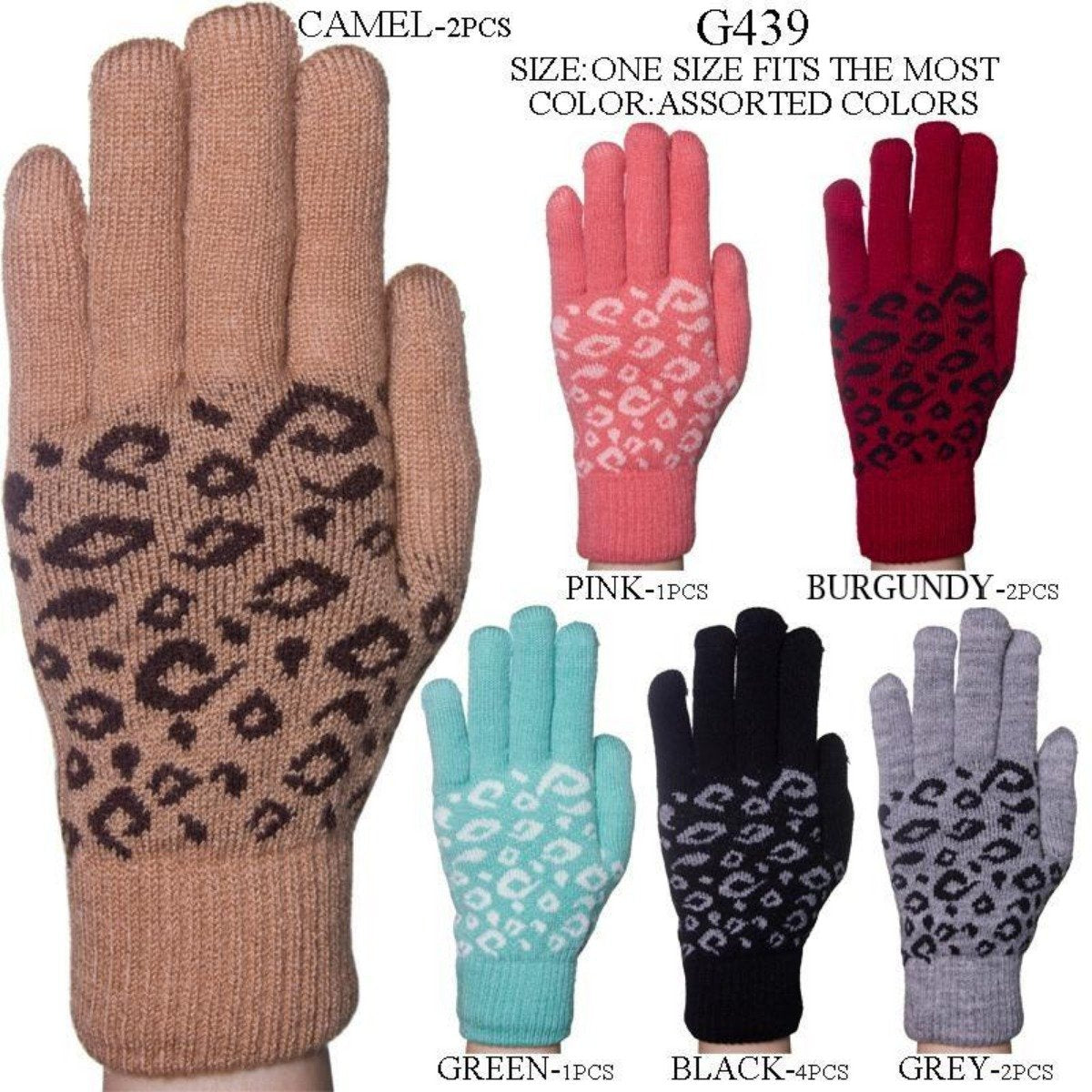 Leopard Print Knitted Gloves W/ Sherpa Lining - 12Pc Set